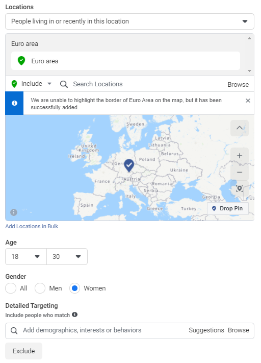 Facebook ad targeting limitations noted in UI - The impact GDPR and social media can be clearly seen by the changes in Facebook ad targeting