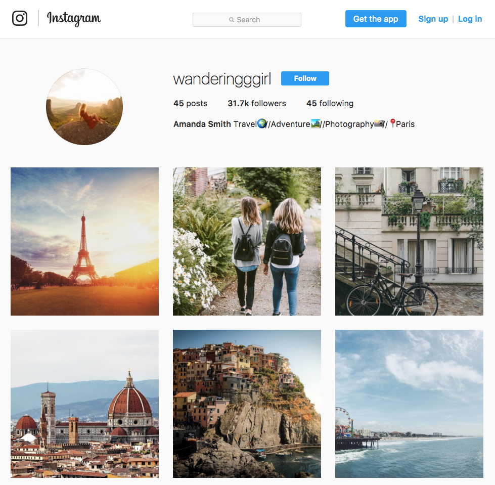 Instagram feed of fake influencer wanderingggirl