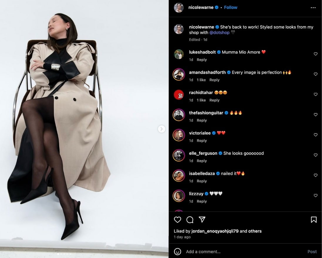 Nicole Warne poses in an Instagram carousel of images in collaboration with DOTSHOP